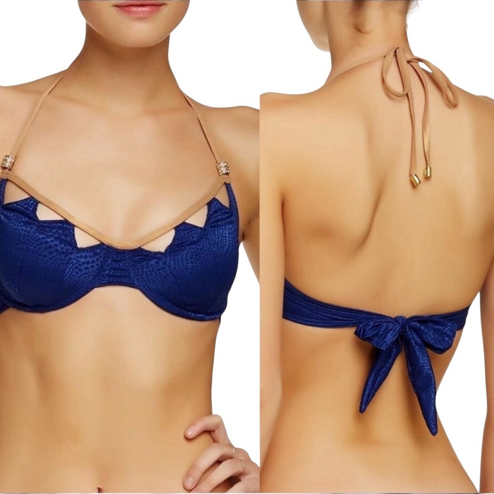 Beach Bunny Navy Blue and Tan Scalloped Underwire Bikini Top